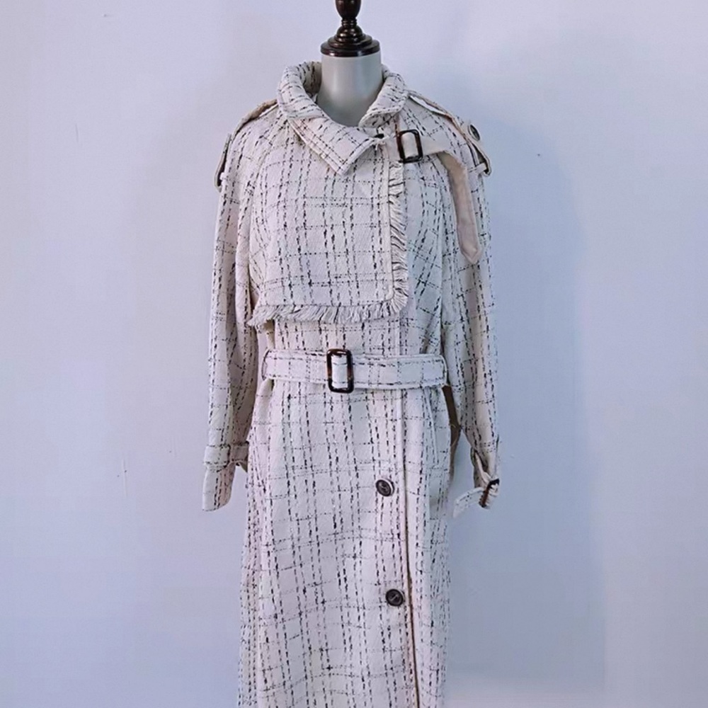 Long Belted Tweed Plaid Trench Coat, Elegant Oversized Fit - Picture 5 of 5